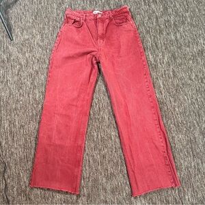 Zara High Waisted 90s Full Length Wide Leg Frayed Hem Jeans Red Size 12